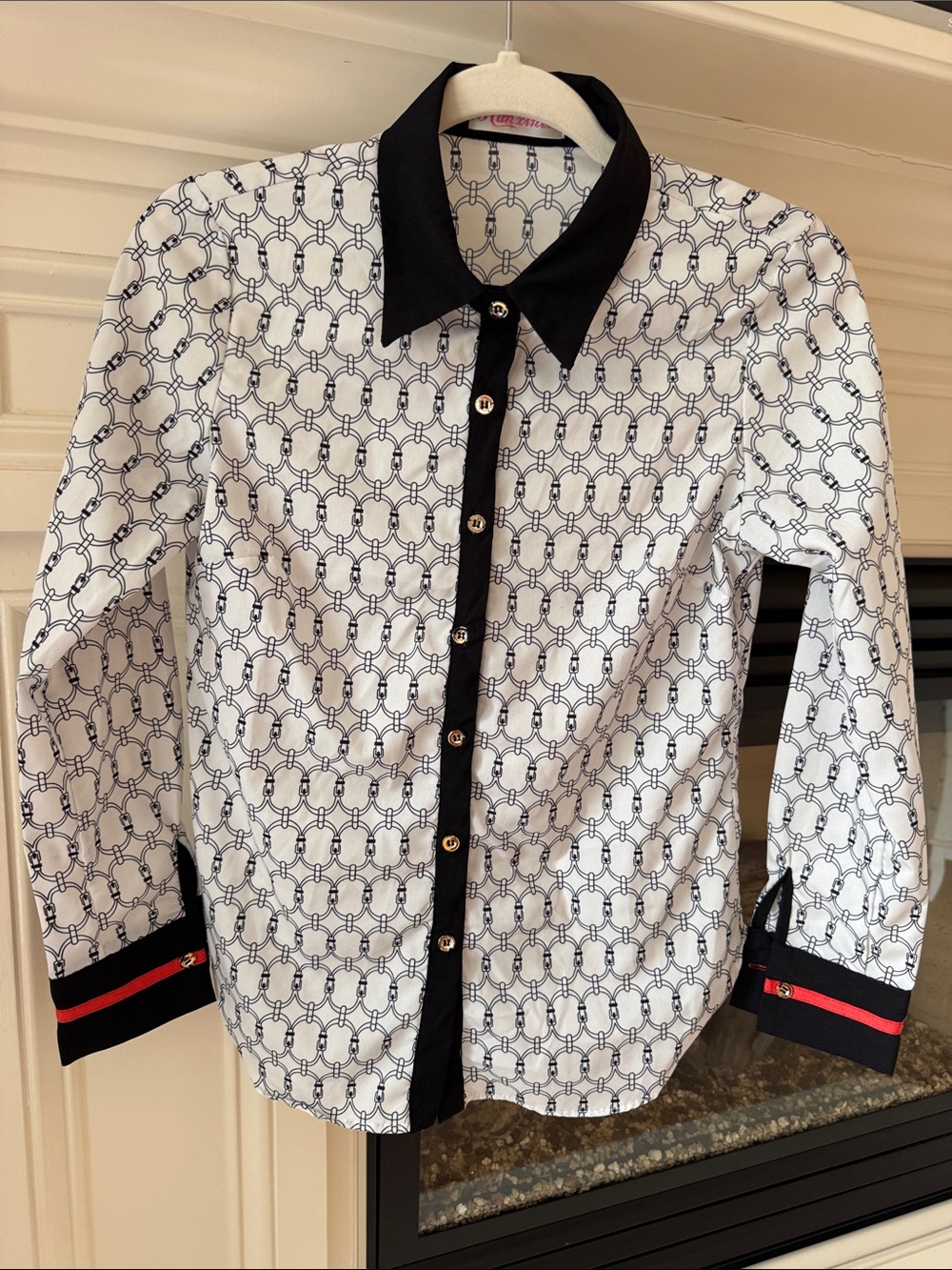 Women's White Chain-Print Button-Down Shirt with Black Contrast